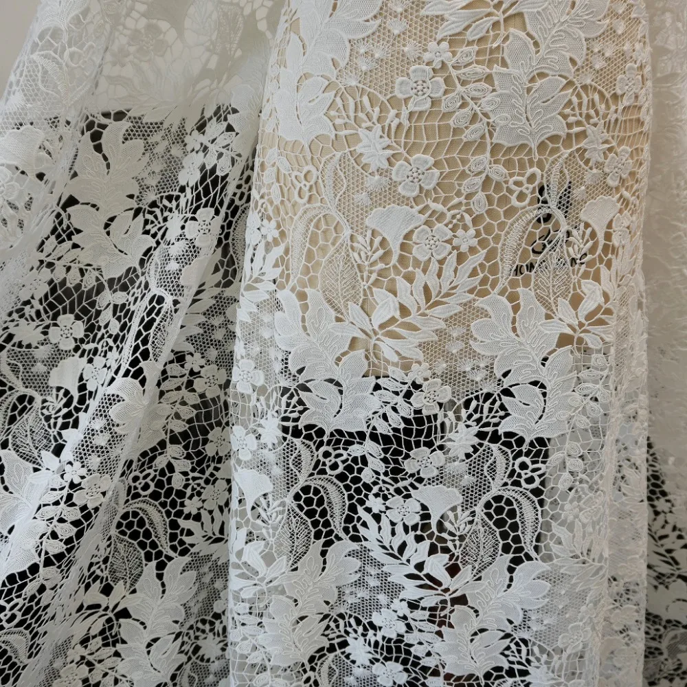 

Vintage Hollow Bone Embroidered White Lace Fabric for Wedding Dress Qipao Evening Gown Tablecloth DIY Hand Sewing Craft Material