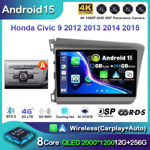 Imagen 2 del producto Android 15 Radio estéreo para coche Multimedia inalámbrico Carplay Android Auto para Honda Civic 9 2012 2013 2014 2015 2 din GPS DSP WIFI