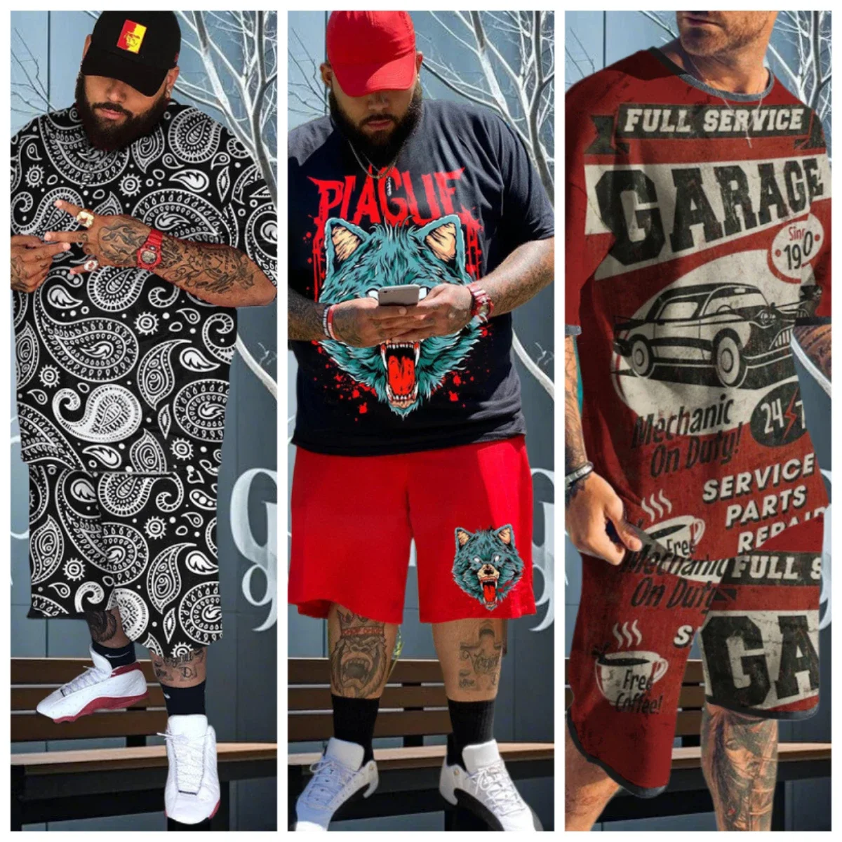 

25/26 New Summer Set Men's T-shirt Trendy American Street Printed Round Neck Men's Set Trendy Handsome Sports Two Piece Set
