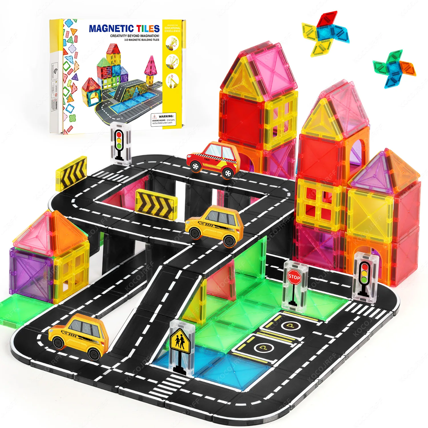

Magnetic City Road Building Set with magnetic signs & toy cars, kids STEM educational toy. Safe magnetic blocks for boys & girls