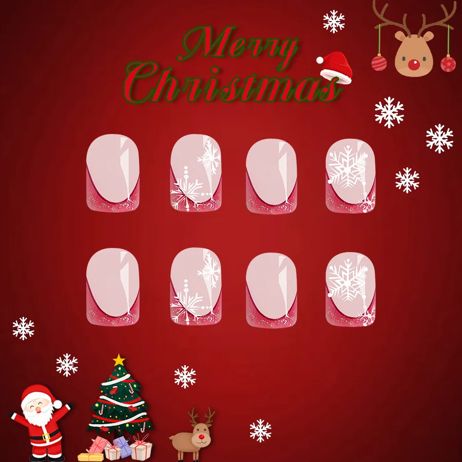 24 pçs sparking vermelho estilo francês imprensa em unhas para o natal branco floco de neve padrão unhas falsas curto redondo manicure artificial