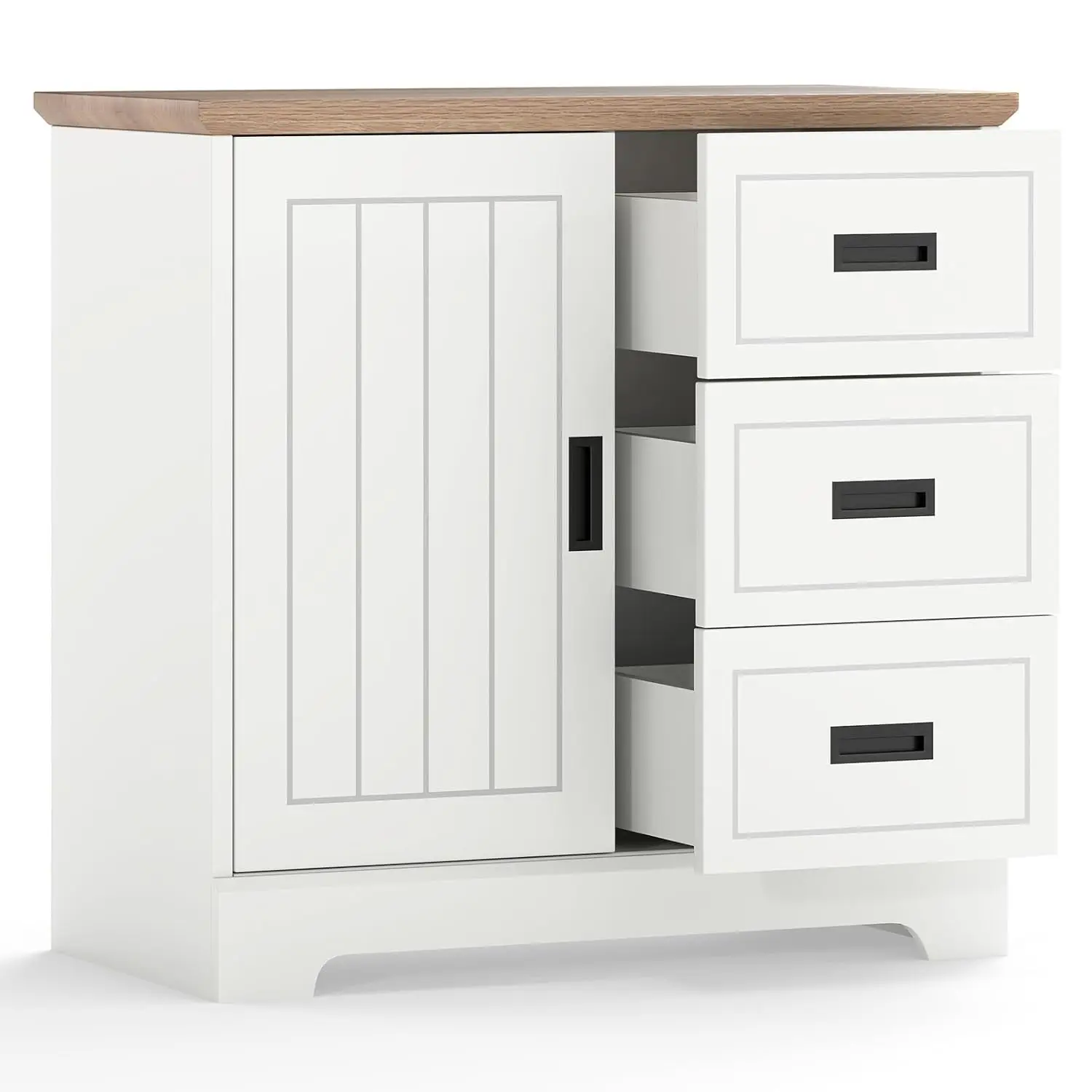 

Small Sideboard Buffet Cabinet, Farmhouse Kitchen Storage Cabinet with Fluted Sliding Door, 3 Drawers, Adjustable, Customized