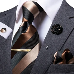 Hi-Tie Business Brown Striped Tie For Men Black Silk Men's Tie Clip Gift For Men Luxury Necktie Hanky Cufflinks Set Formal Dress