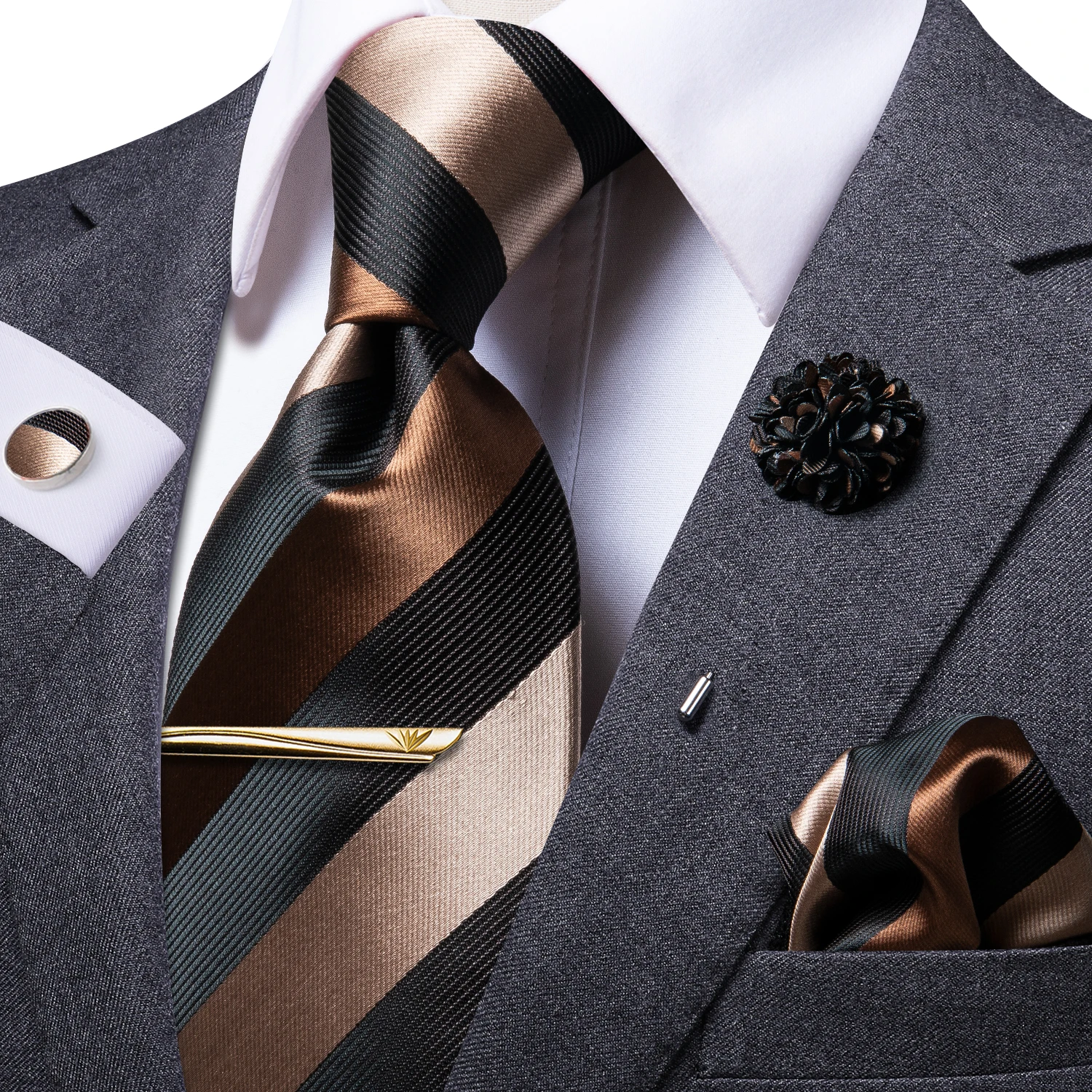 Hi-Tie Business Brown Striped Tie For Men Black Silk Men's Tie Clip Gift For Men Luxury Necktie Hanky Cufflinks Set Formal Dress