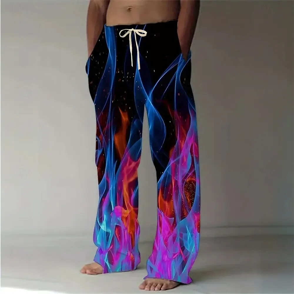 2025 Fashion Men's Optical Illusion Flame Trousers Baggy Pants Casual Pants Mid Waist Elastic Drawstring Waist Pants Fall Spring