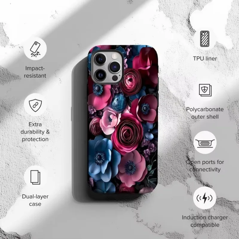 Luxurious Gothic Dark Floral Botanical Phone Case For IPHONE 16 15PRO MAX 14 13 12 11 Acrylic TPU Two in one magnetic Phone Case