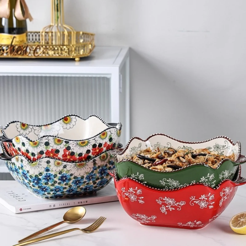 ‌Ceramic Soup Bowl-Large Capacity Handled Mixing Pot,Heat-Resistant Non-Slip Tableware&Colorful Painted Serving Dish for Kitchen
