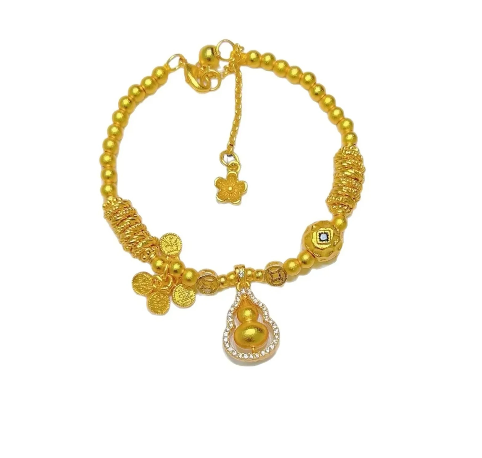 9999 24K real gold point drill rotating small gourd safe transport beads disk wrap bracelet women's high-end disk wra