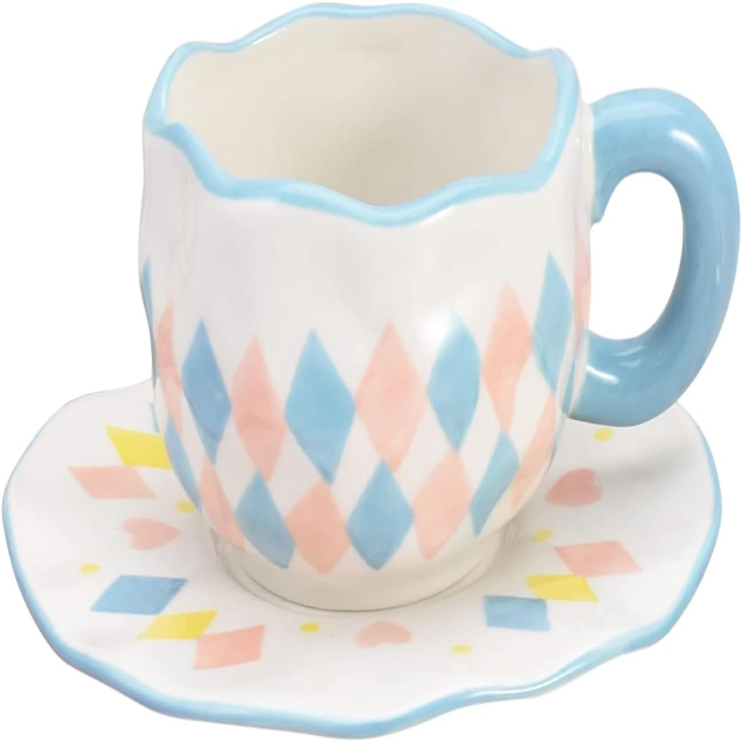 

Ceramic with Saucer Set, Cute Rhombus Lattice Cup Irregular Design for Office and , 10 oz/300 ml for Latte Tea Milk