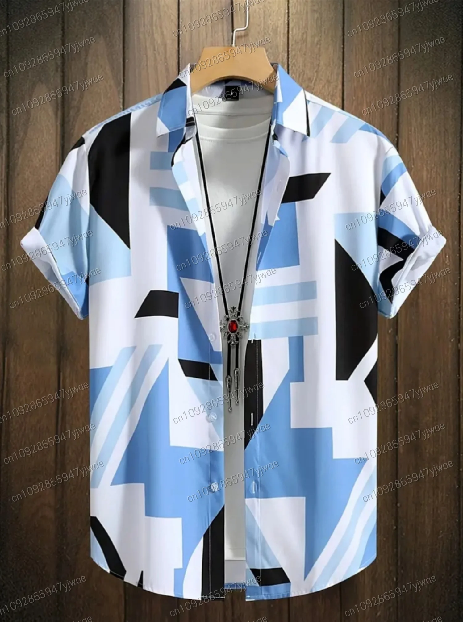 

Men's Geometric Pattern Print Short Sleeve Lapel Shirt Top, Male Casual Button Up Shirt For Daily And Vacation Resorts Beach ﻿
