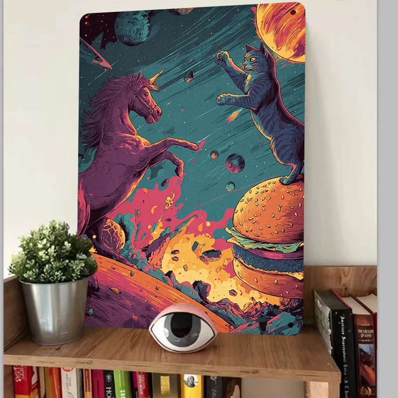 Cosmic Unicorn vs Cat Metal Wall Art Custom Space Burger Print Decor for Home Office