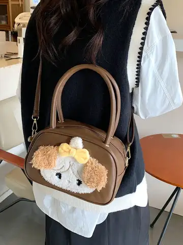 만화 Mikko 핸드백 여성 Kawaii 플러시 수플레 크로스 바디 백 PU 가죽 대용량 숄더 백 한국어 패션 토트 백