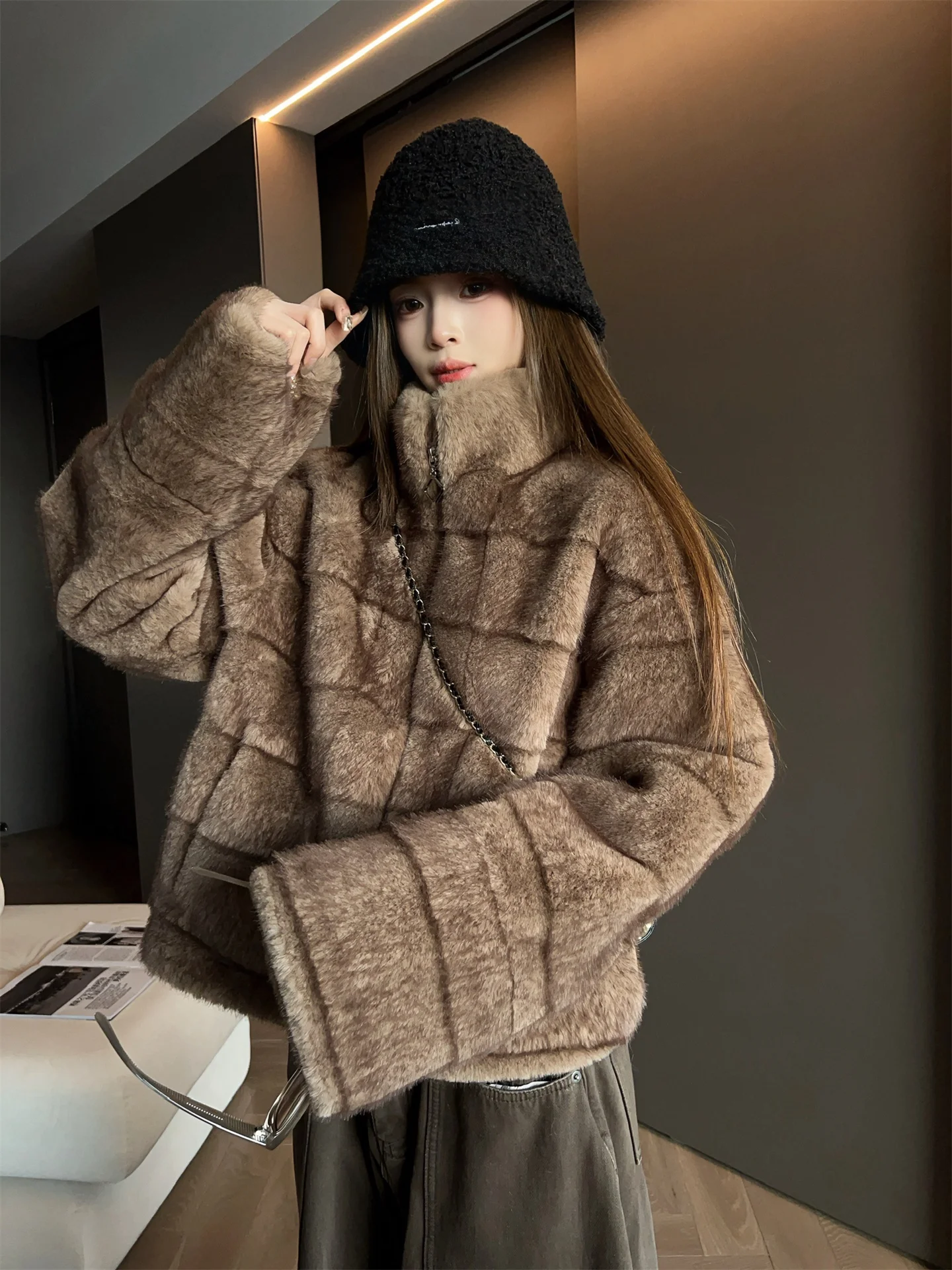Retro Plu Outerwear Women's Loose Fur And Leather Inteated  Simple Sle Long Sve Zipper Closure  Color