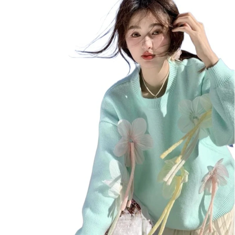 

Large Size Women's Clothing Winter New Loose Sweater Jacket 2026 Popular Three-dimensional Flowers Beautiful Knitted Sweater Top