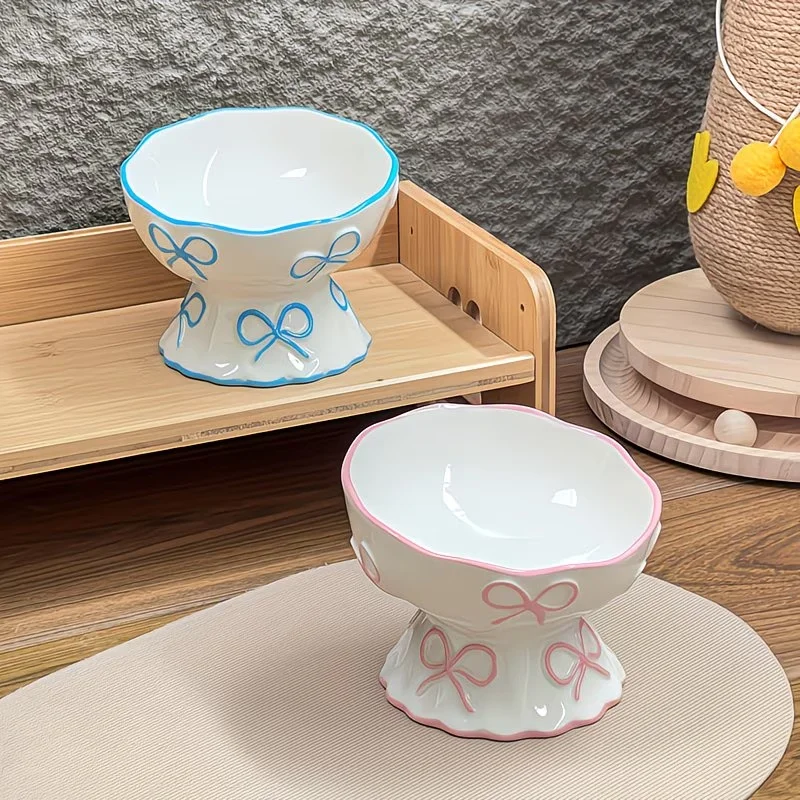 2027 1pc Elevated Ceramic Cat Bowl with Embossed Bow, Raised Pet Food Water Bowl for Cats & Small Dogs