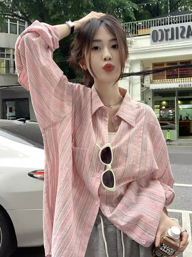Jmprs Women Korean Striped Shirts Loose Long Sleeve Casual Sweet Blouse Retro Fall New Lazy Wind Female Vintage Pocket Soft Tops
