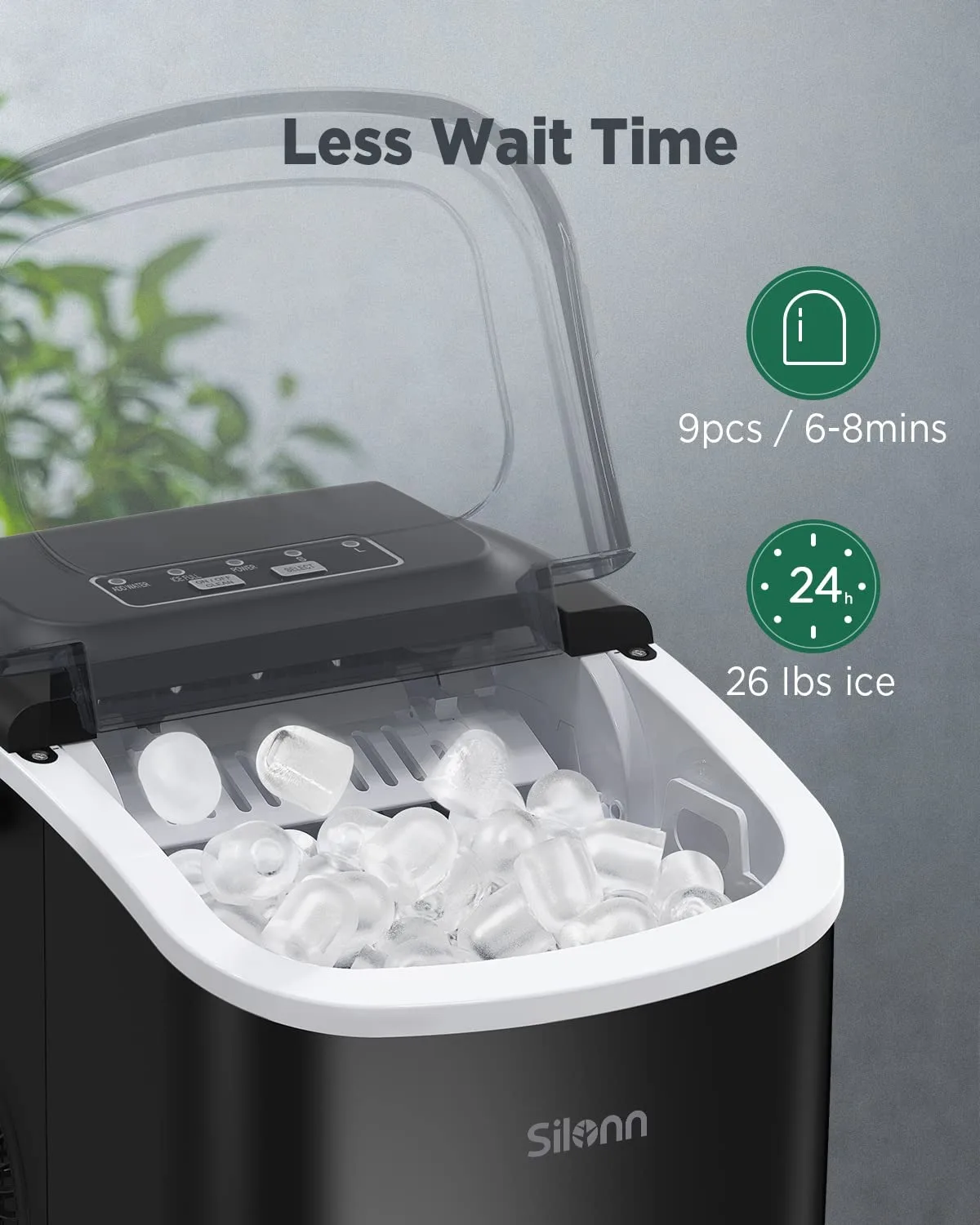 Máquina de hielo de encimera, 9 cubos listos en 6 minutos, máquina de hielo autolimpiante con cuchara y cesta, Negro | EE. UU. | Nuevo