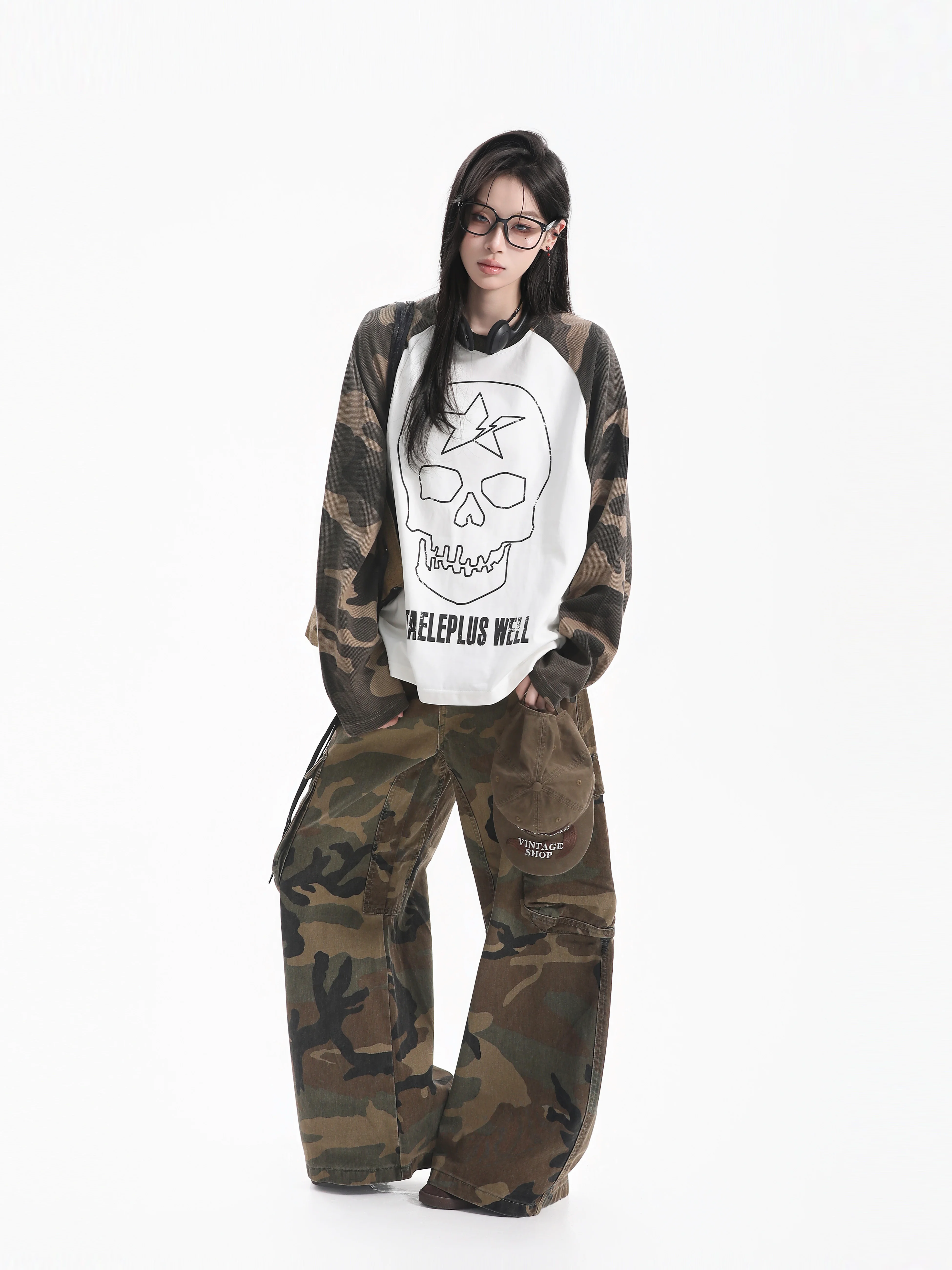 Retro American Design Skeleton Print Camouflage Long Sleeve Women's Neutral Style T-shirt Casual Loose Fit Autumn Wear