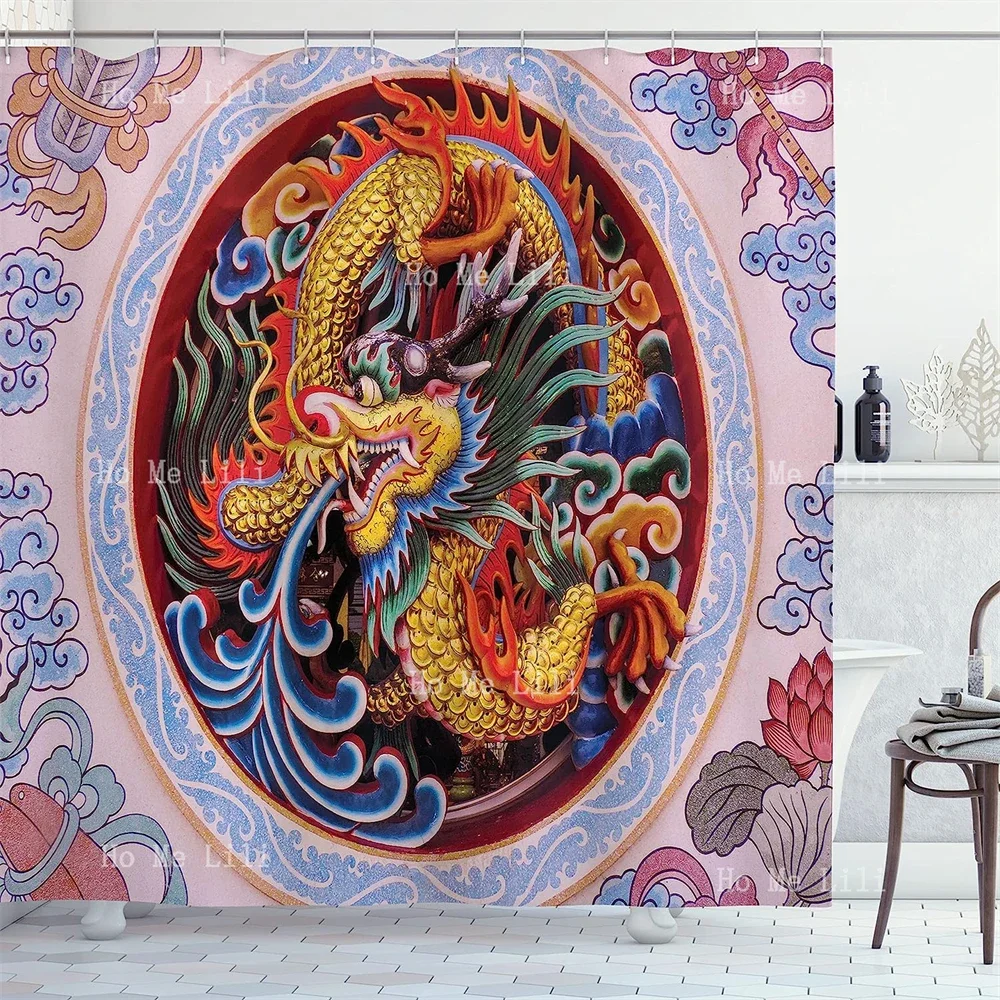 Chinese Horned Mane And Clawed Dragon Pattern Mythical Creature Bathroom Decoration Waterproof Shower Curtain