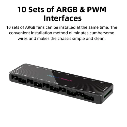 Imagen 2 del producto Teucer 1 a 10 12V/4Pin PWM 5V/3Pin direccionable ARGB Hub divisor adaptador SATA fuente de alimentación interfaz concentrador para ventilador con cubierta