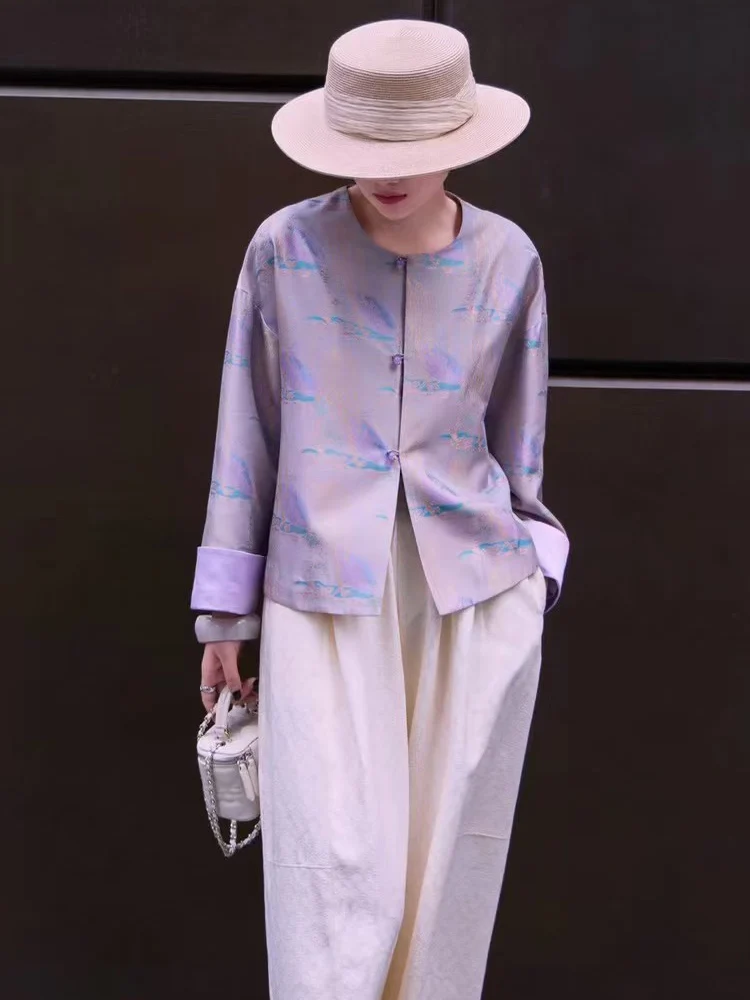 Spring and Autumn New O-Neck Single Breasted Long Sleeved Yarn-Dyed Georgette Mulberry Silk Fabric Women's Jacket S-XL