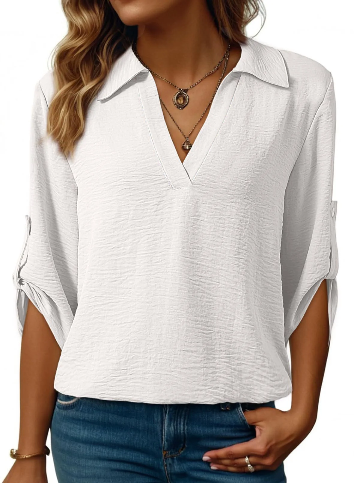 Camisa Casual de Verano 2026 con Cuello en V y Manga Media para Mujer, Blusas de Oficina en Blanco, Negro y Azul para Primavera
