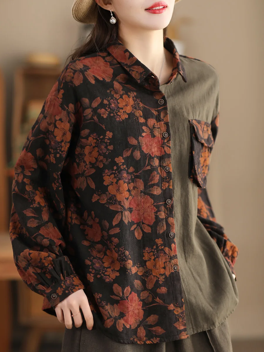 

Retro Printed Linen irt Jaet Women's Collar Long Sve Ele Open Cardigan Top Spring New Sle Comfortable Loose Fit