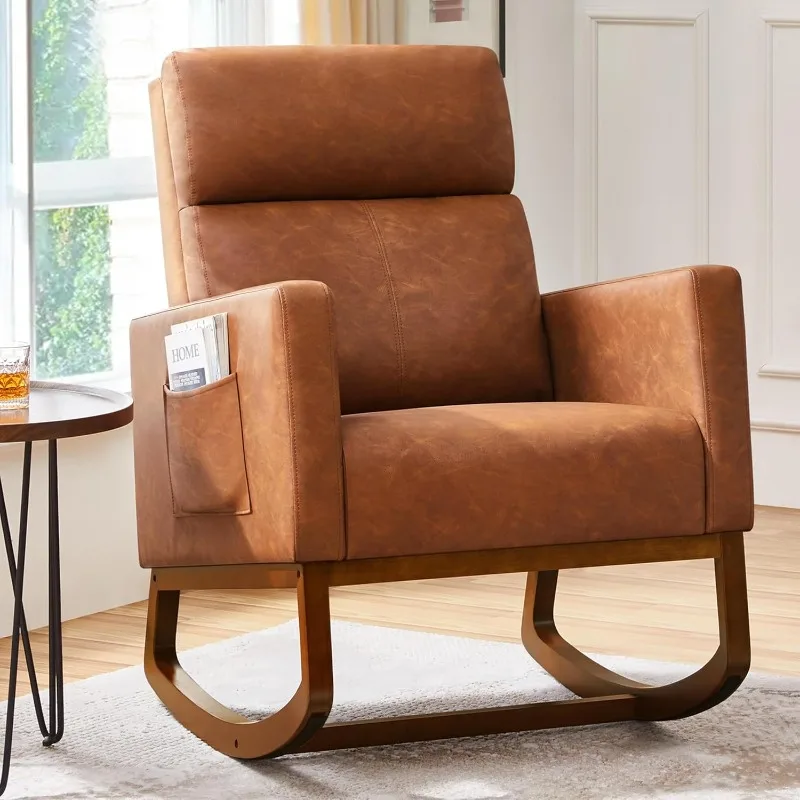 Modern Rocking Chair, Nursery Faux Leather Glider Chair with Rubber Wood Legs and Side Pocket, R