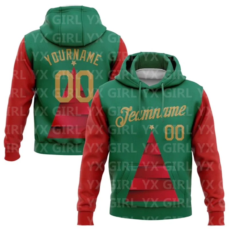 Custom Text and Numbers Red Kelly Green-White 3D Christmas Trees Sports Pullover Sweatshirt Hoodie Christmas Gift