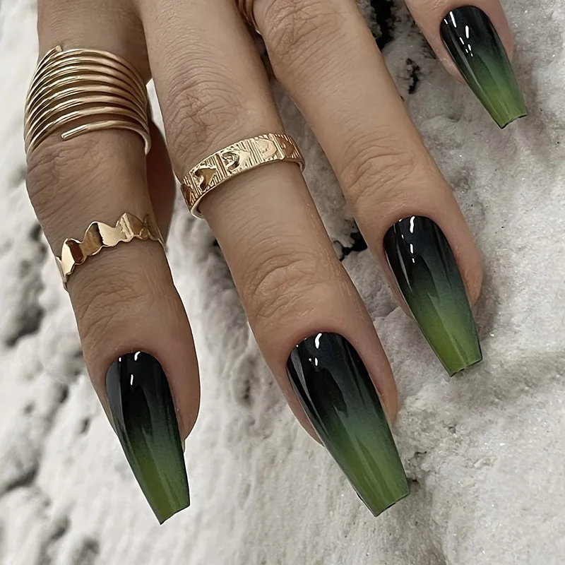 

24pc Vintage Green Nails Ombre Ballet Press-Ons Elongating Effect Long Length & Mix Sizes Fake Nails Set For Women