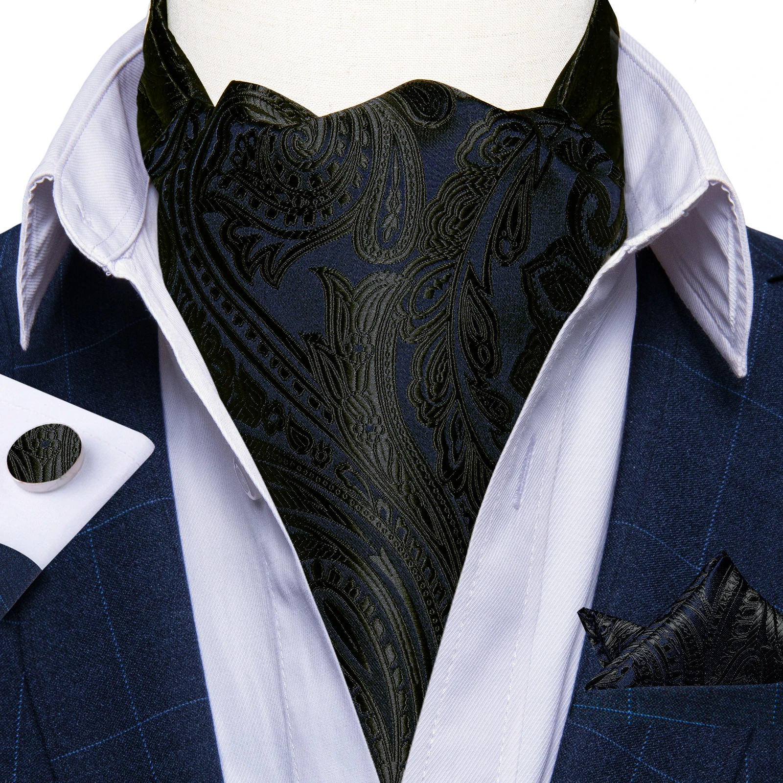 Exquisite Men's Ascot Handkerchief Cufflinks Set Women Business Cravat галстук Fashion Black Purple Paisley Men's Tie Wholesale