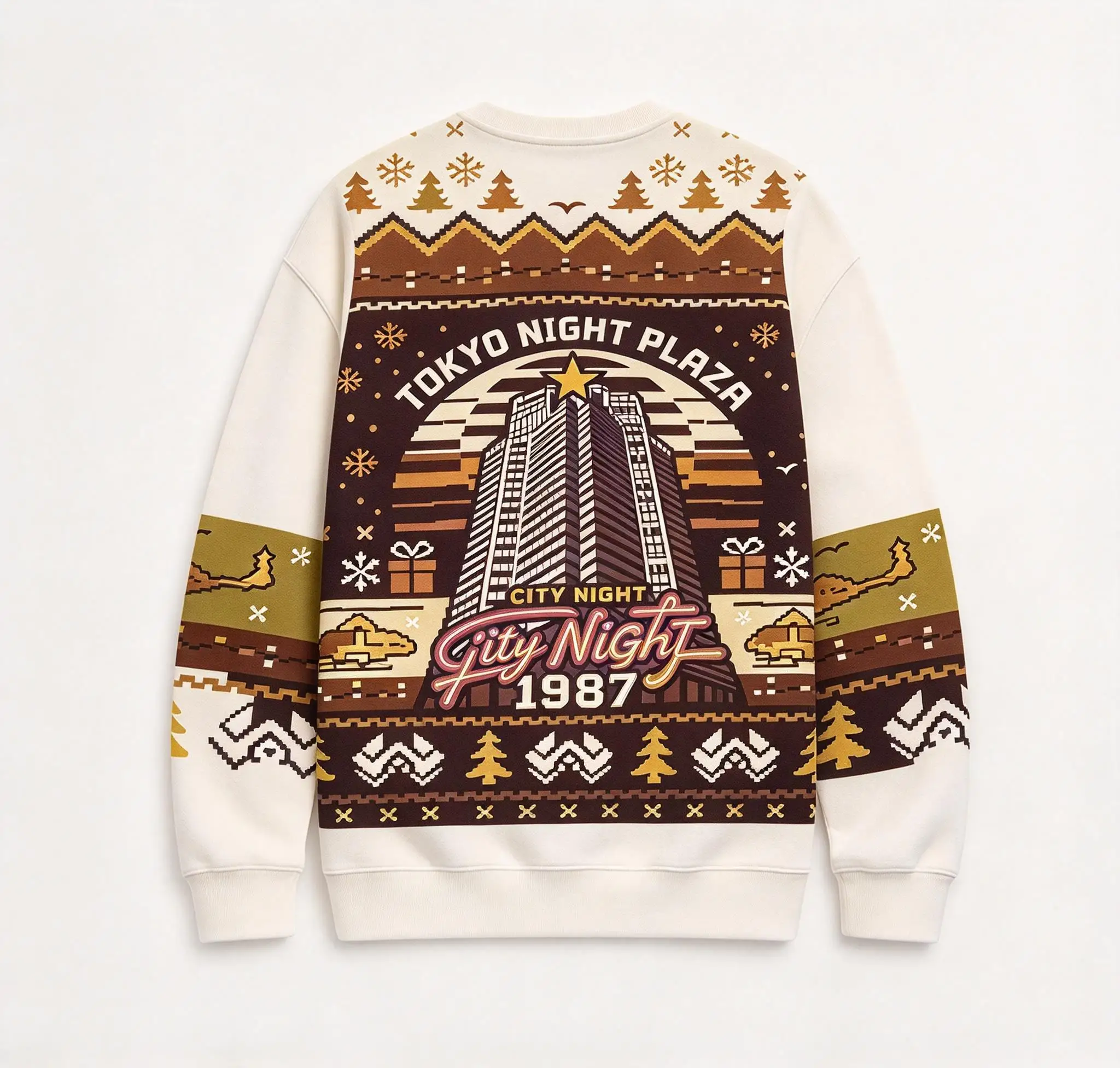 Mens Ugly Christmas Sweatshirt, Retro City Building Helicopter Snowflake Full Print Long Sleeve Top
