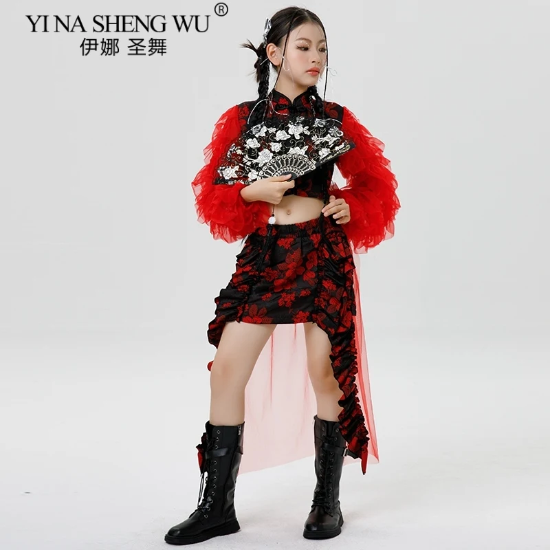 أطفال الهيب هوب ملابس رقص الفتيات K-Pop الجاز شارع الرقص مرحلة الزي تنورة حمراء دعوى أداء ارتداء الأطفال ملابس الرقص #4