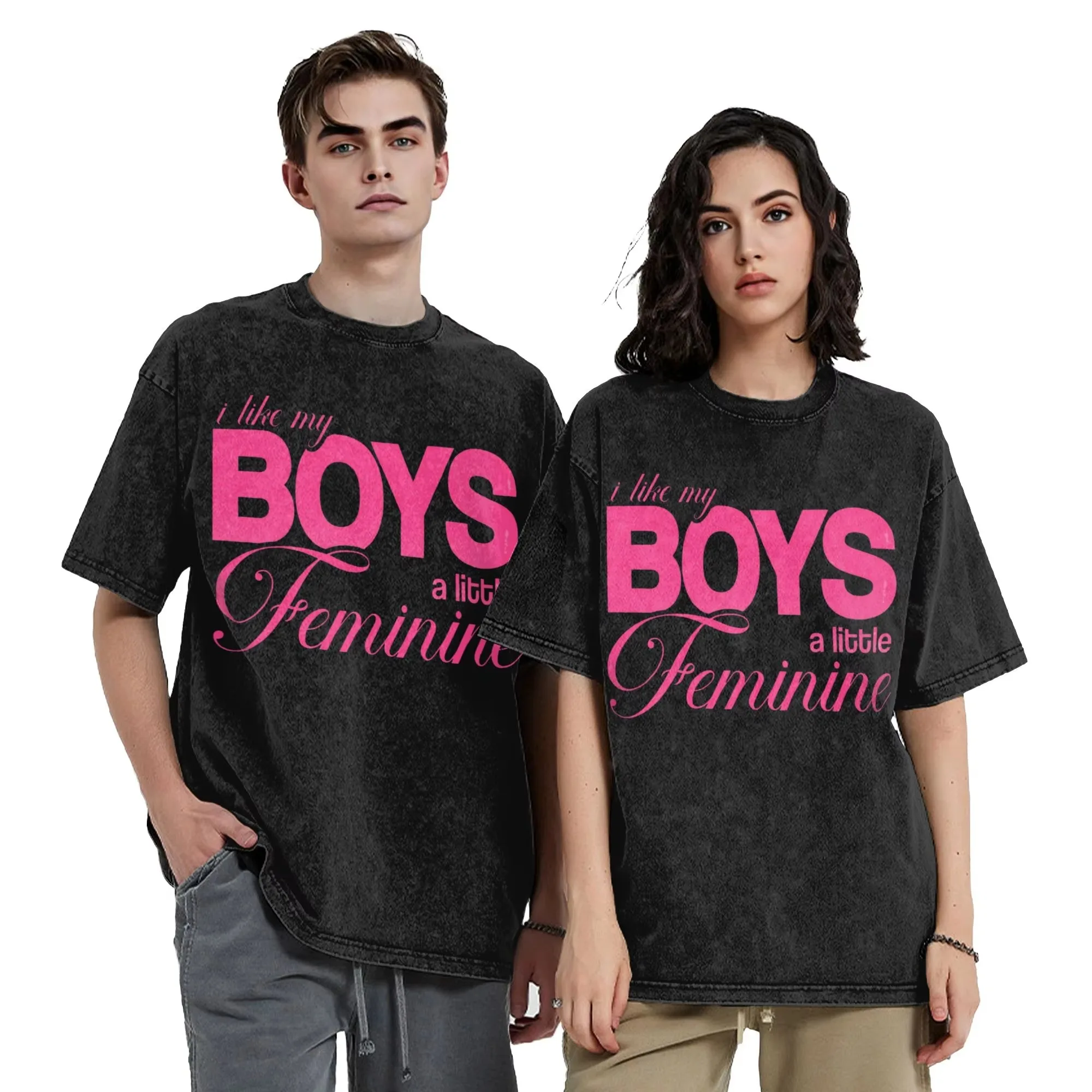 Washed Cotton T-Shirt Pink Letter Print I Like My Boys A Little Feminine Oversize Streetwear Tops UPS/FEDEX Air, 3-5Day Delivery
