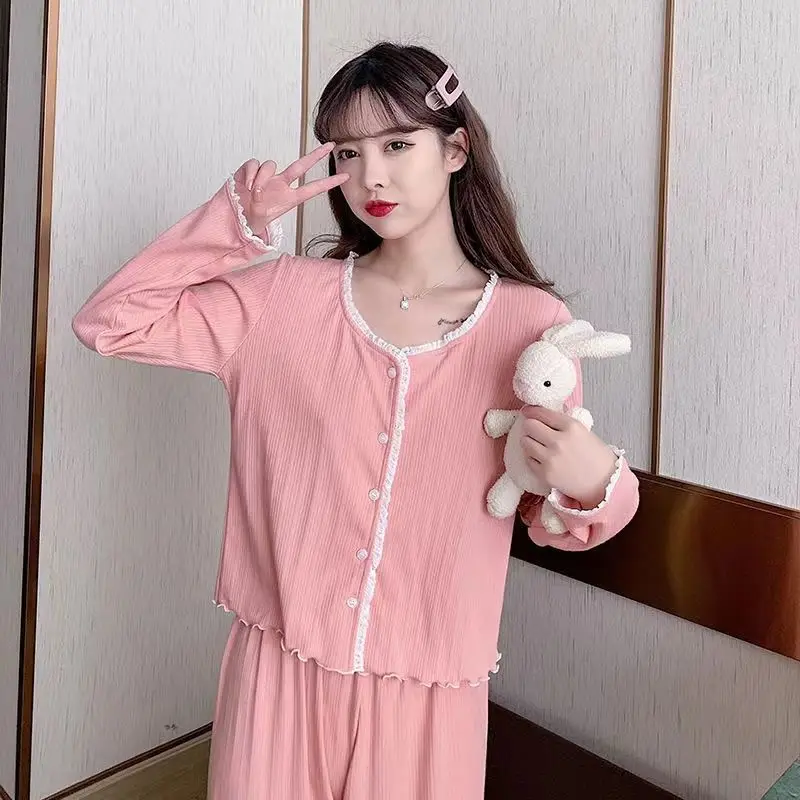 Floral Pajama Sets Women Sweet Teenagers Cozy Breathable Long Sleeve Tops Ankle Length Pants Lovely Sleepwear Loose Lounge Chic