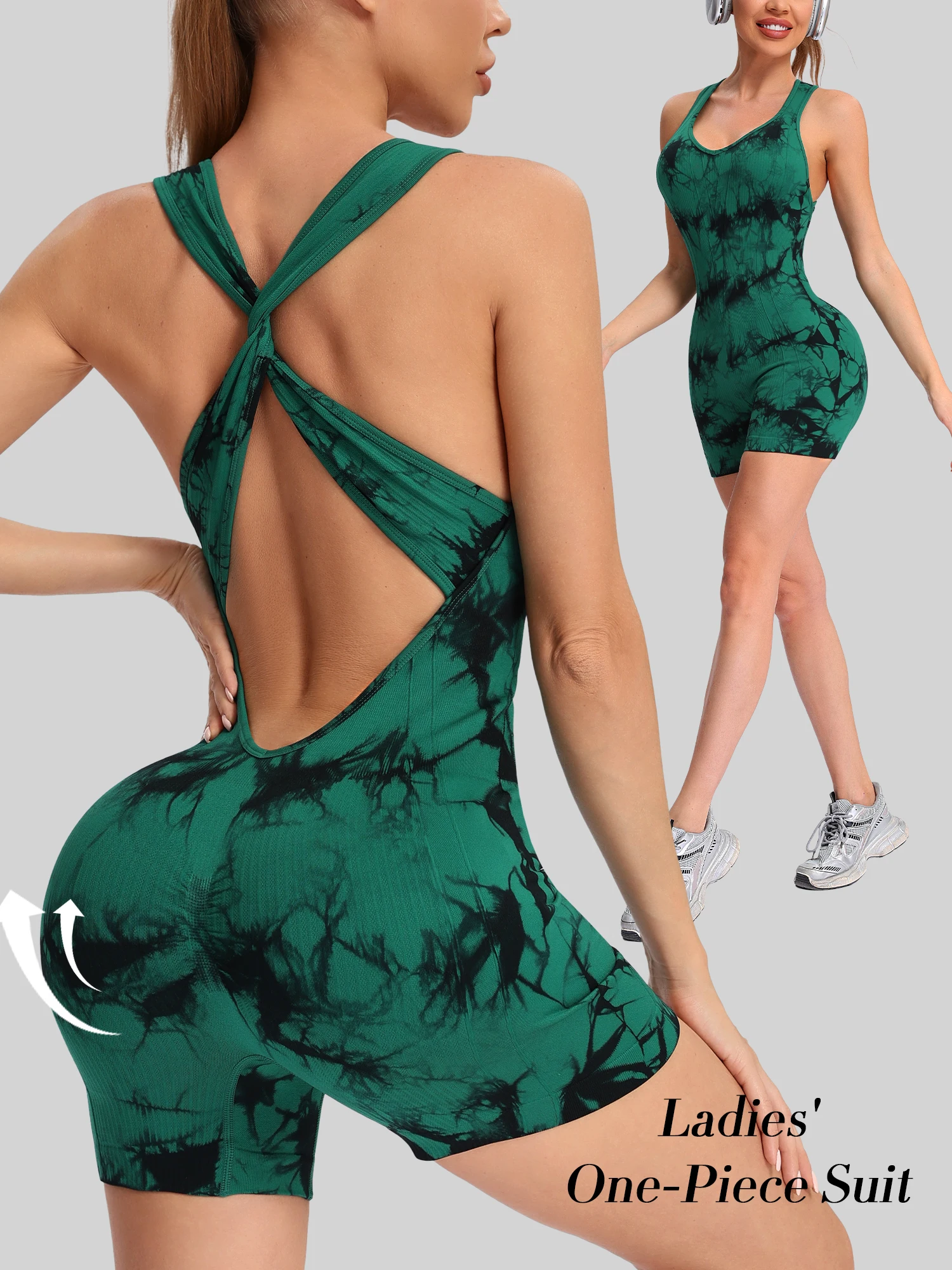 

Women's tie dye deep V jumpsuit, women's cross backless sports yoga suit, sexy hip lifting fitness jumpsuit