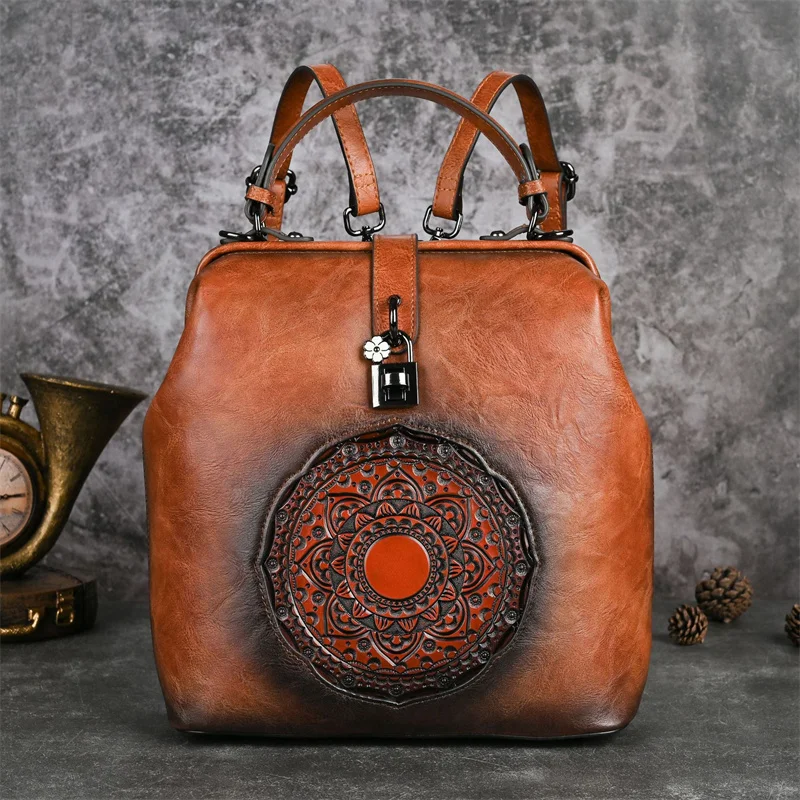 Vintage Women Leather Backpack Functional Double Ladies Shoulder Bag 2024 New Chiniese Style Handbag Female