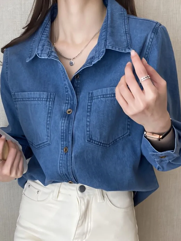 

New Women Denim Shirt Retro Long-sleeve All-Matching Single-Breasted Preppy Temperament Denim Shirt Tops Spring Autumn