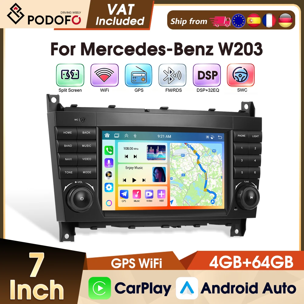 Podofo 7'' 4+64G Autoradio für Mercedes-Benz W203, Multimedia-Player mit Carplay, Android Auto, WLAN, GPS, FM, RDS