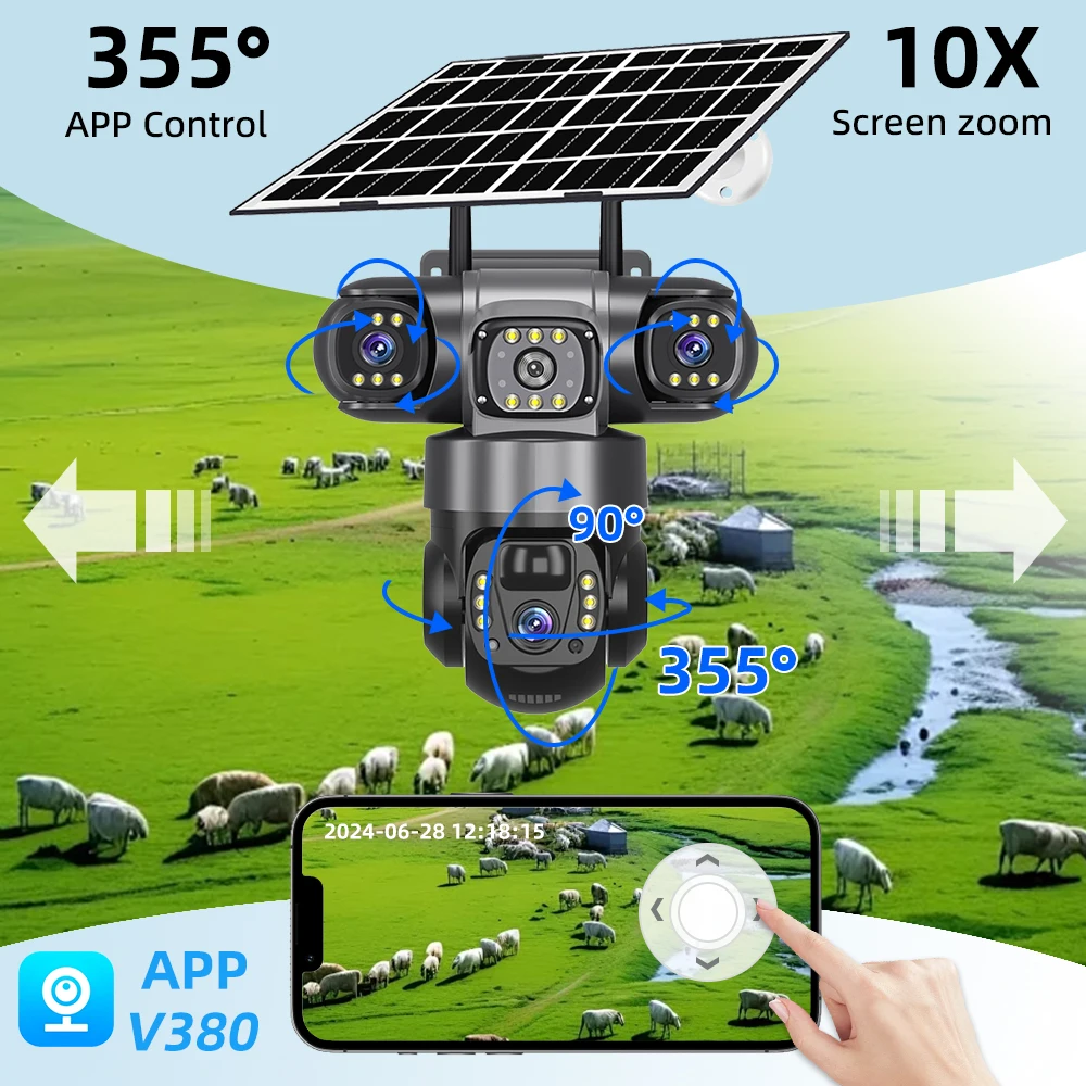 Solar Power Camera 4G Sim Card Triple Lens PIR Human Detection CCTV Surveillance Video Monitor Built in Battery V380 Pro