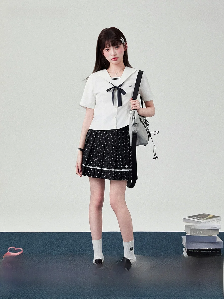 

Mrs. Flower Bell 2026 Spring New Basic Style Sailor Collar Short Sleeve Women's Shirt JK College Style White Breathable Thin ...