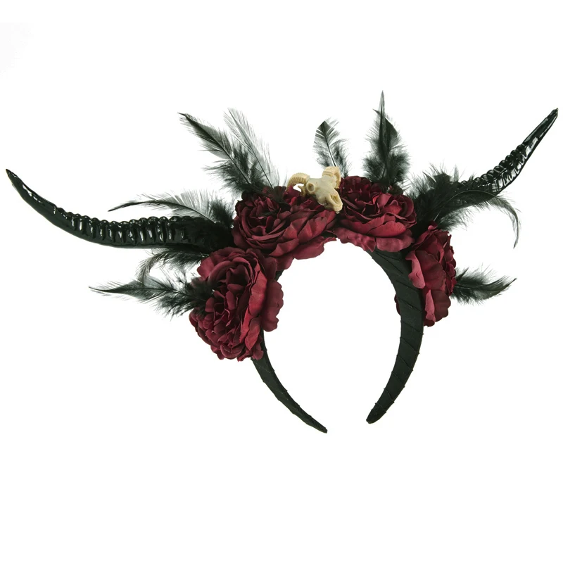 Gótico feminino dia das bruxas antílope longo chifre cosplay headpiece artesanal flor do vintage esqueleto retro bandana adereços festa facny dr