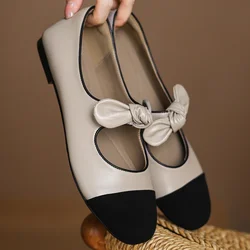 Women's genuine leather mix color patchwork sweet bowtie slip-on Mary Jane flats round toe soft comfortable casual female shoes