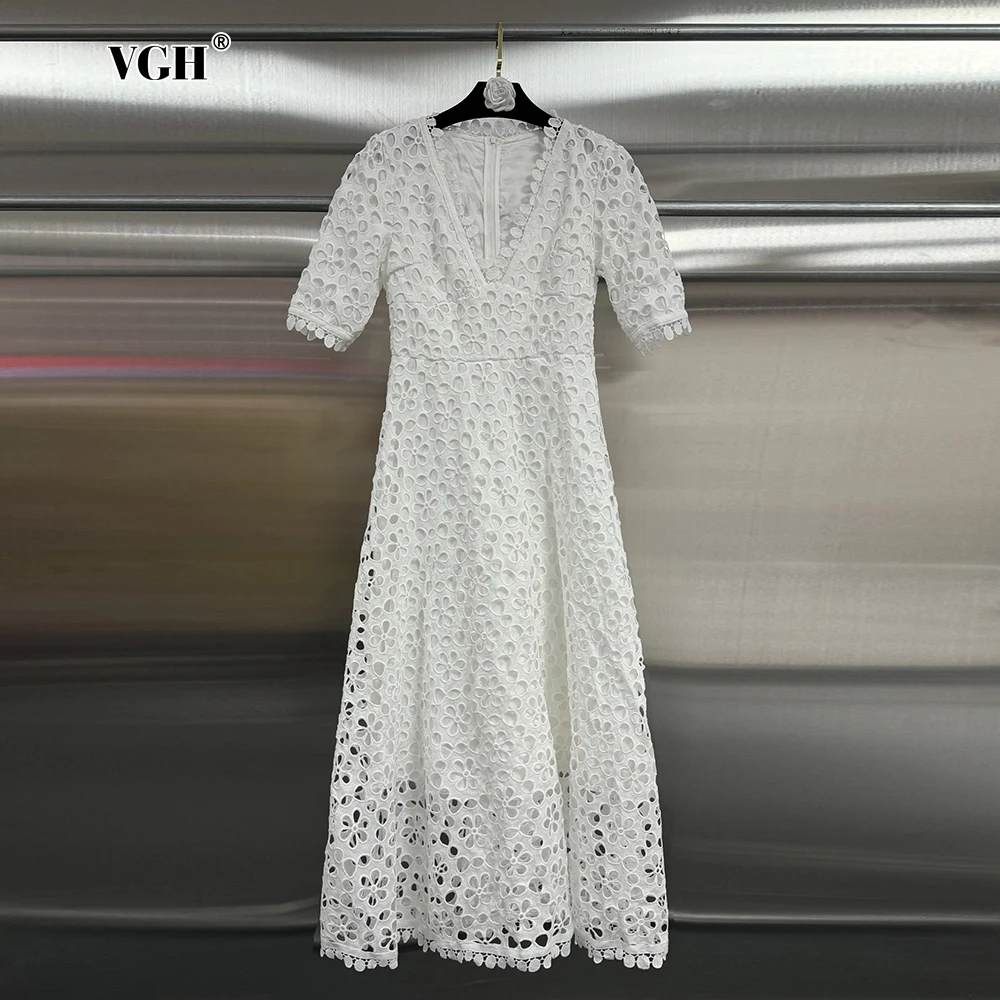 

VGH Hollow Out Solid Elegant Long Dress For Women V Neck Short Sleeve High Waist Spliced Zipper Temperament Dresses Female New