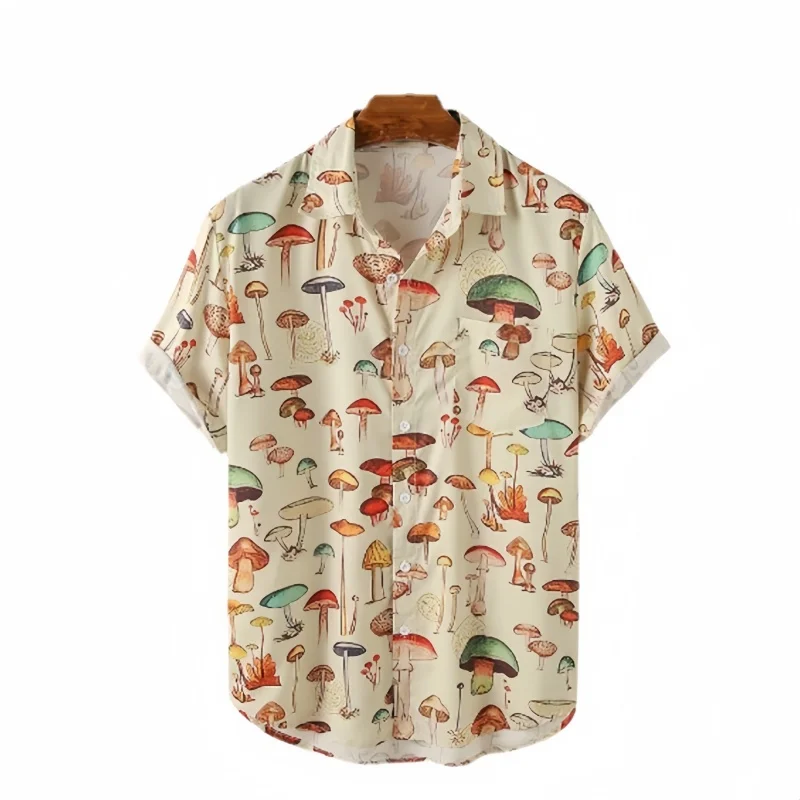 

Summer Men's Flip Collar Short Sleeve Cardigan Shirt Fashion Mushroom Printed Oversized Loose Casual Hawaiian Beach Shirt