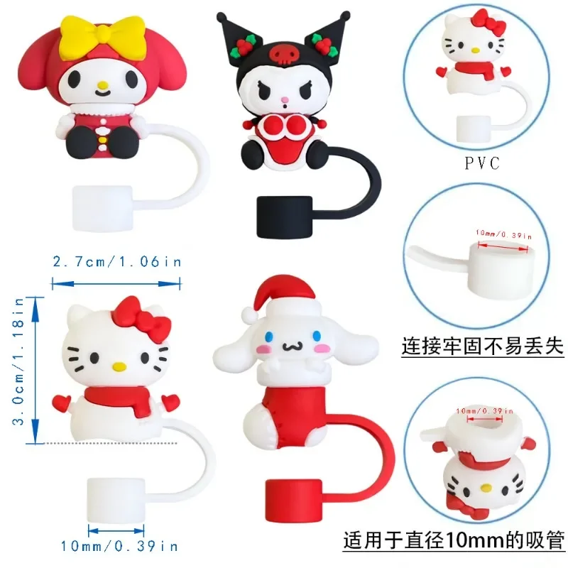 4pcs Sanrio Hello Kitty Christmas Kuromi Silicone Straw Covers - Colorful 10mm Toppers for Tumblers & Cups