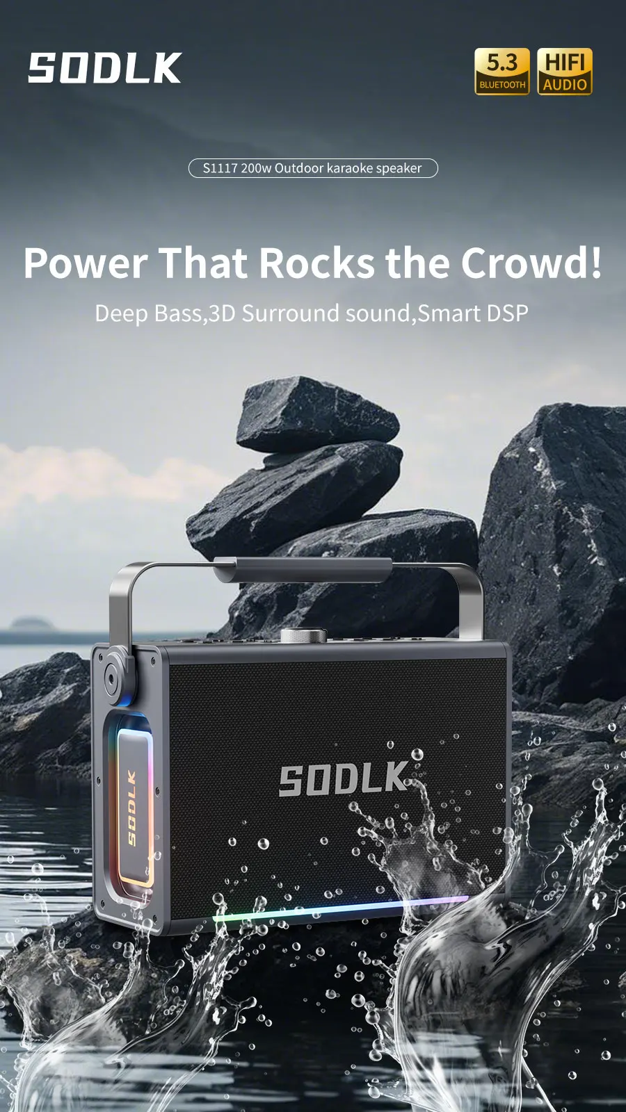 مكبر صوت عالي الطاقة 200 وات مع ميكروفون مزدوج مكبرات صوت لاسلكية محمولة للحفلات والتنزه والتخييم Sodlk S1117 #1