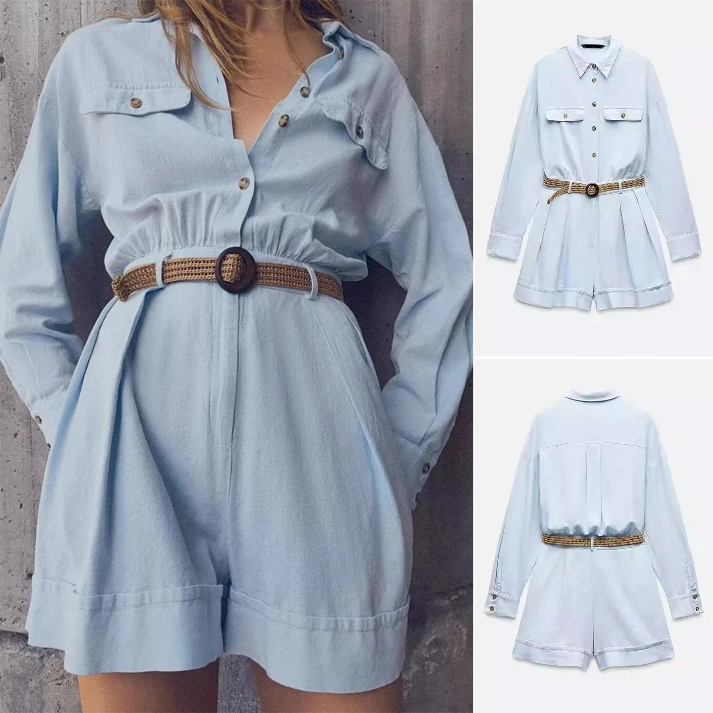 

Новое поступление, осенний свободный комбинезон из смешанного волокна с поясом, длинный комбинезон из полиэфирной ткани с высокой талией и поясом