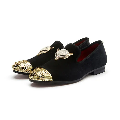 Men's Burgundy Velvet Loafers with Gold Rhinestone Cap Toe & Fox Emblem - Slip-On Formal Smoking Shoes for Wedding Prom Party