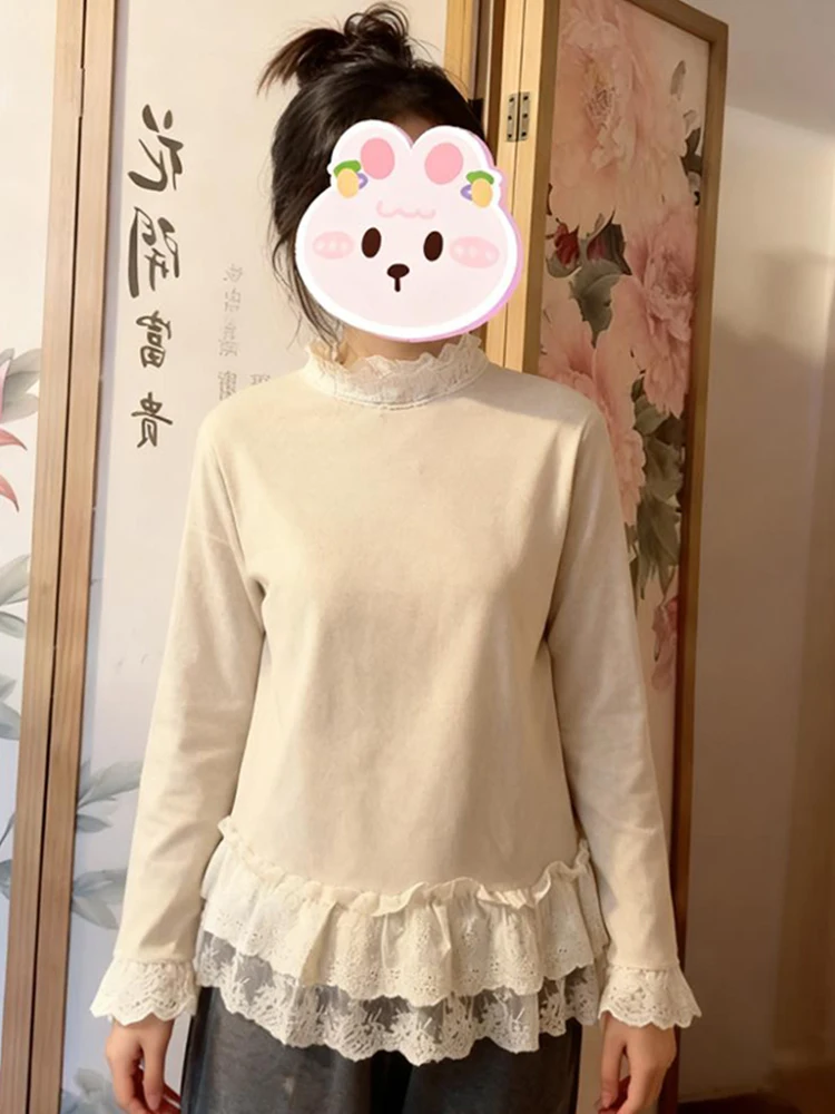 تي شيرت نسائي كوري بياقة عالية وتصميم دانتيل، فضفاض ونحيف، تصميم جديد للشتاء، مناسب للارتداء اليومي والكاجوال